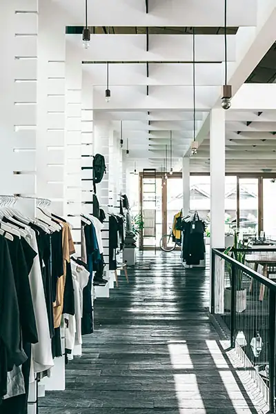 Advanced E-commerce from a specialized web design agency A high-end boutique interior with organized garment racks, symbolizing our scalable and tailored e-commerce solutions.